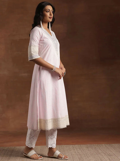 Women's LB Pink Printed Cotton Straight Suit With Dupatta