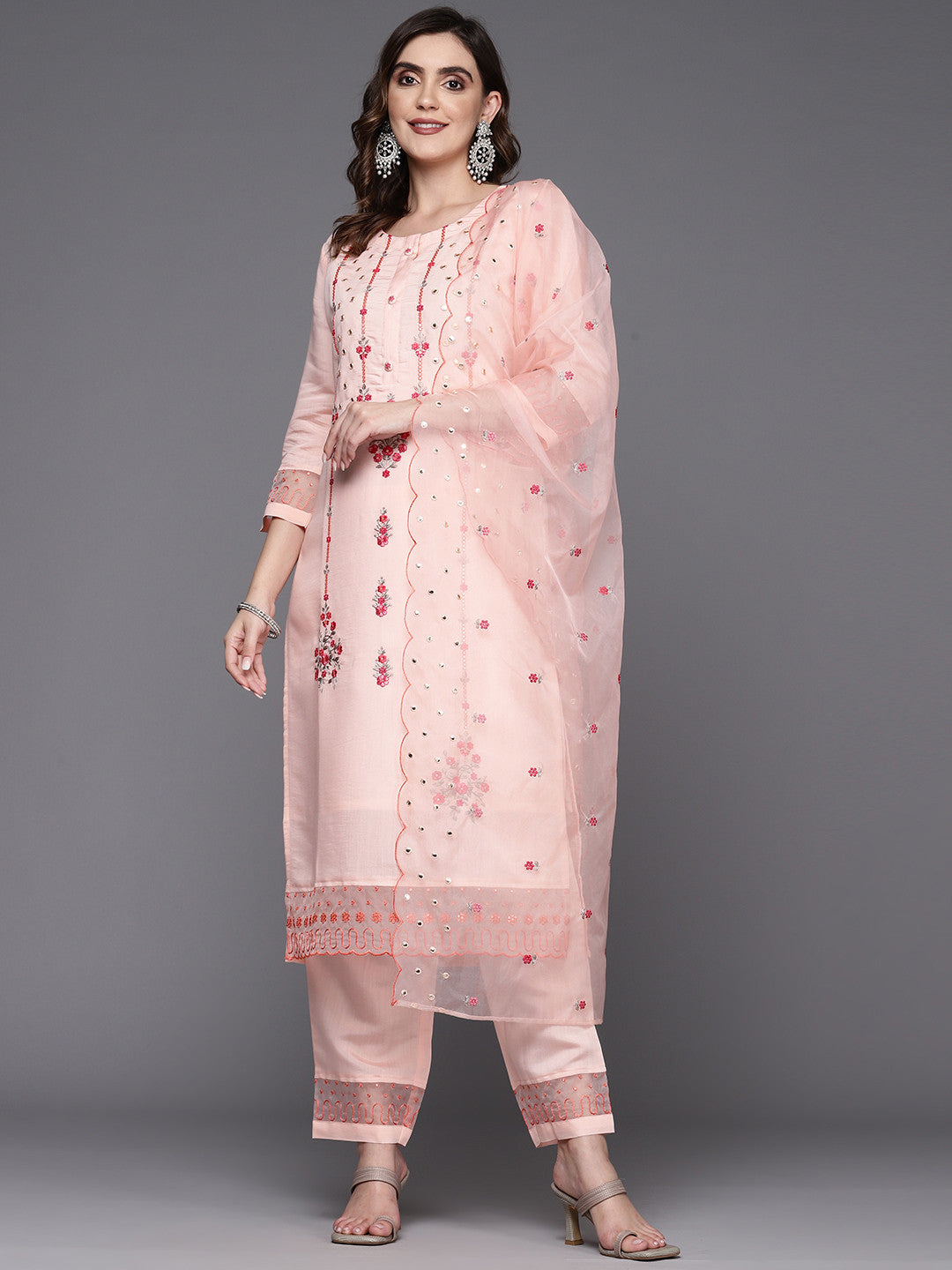 Women Embroidered Sequinned Kurta with Trousers & Dupatta