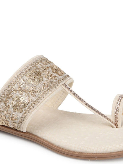 Dhiyona AK Cream-Coloured Embellished Open Toe Flats