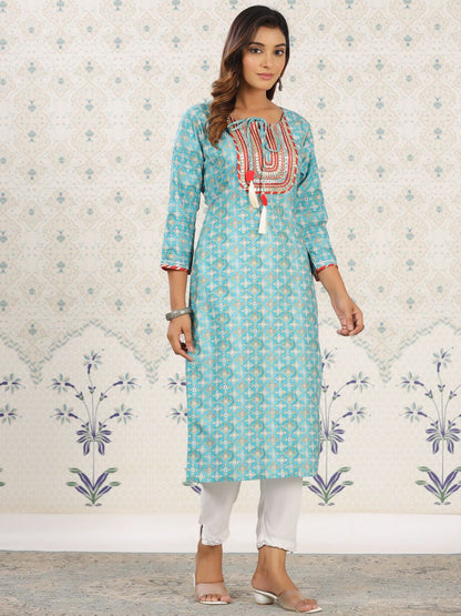 Dhiyona OD  Sea Green Ethnic Printed Tie-Up Neck Gotta Patti Straight Kurta