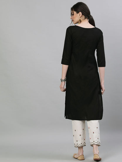 Dhiyona IS Women's Women Black & Off-White Embroidered Kurta with Trousers