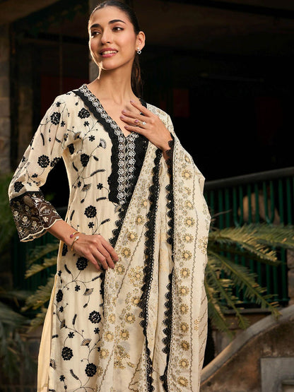 Floral Embroidered Regular Thread Work Pure Cotton Kurta with Trousers & Dupatta