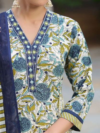 Dhiyona RR Women's Floral Printed Thread Work Pure Cotton Kurta with Trousers & With Dupatta