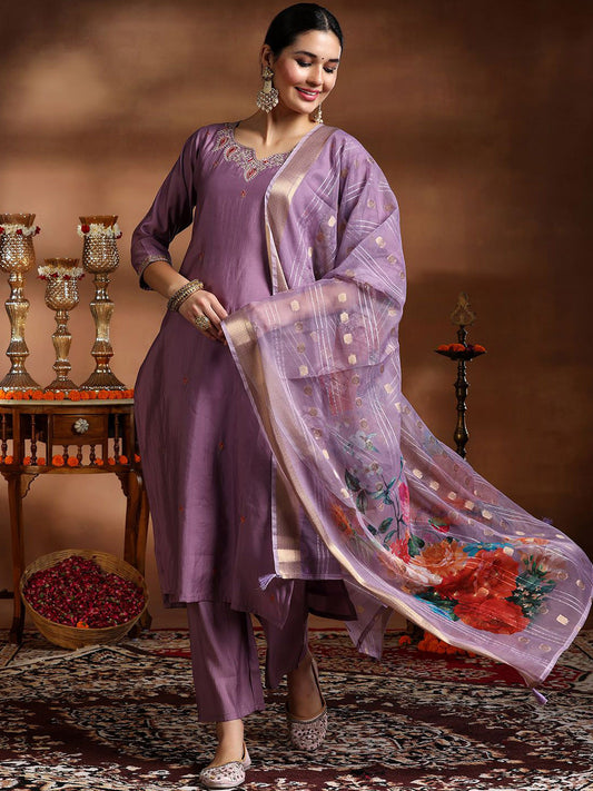 Floral Embroidered Zari Straight Kurta With Trousers & Dupatta
