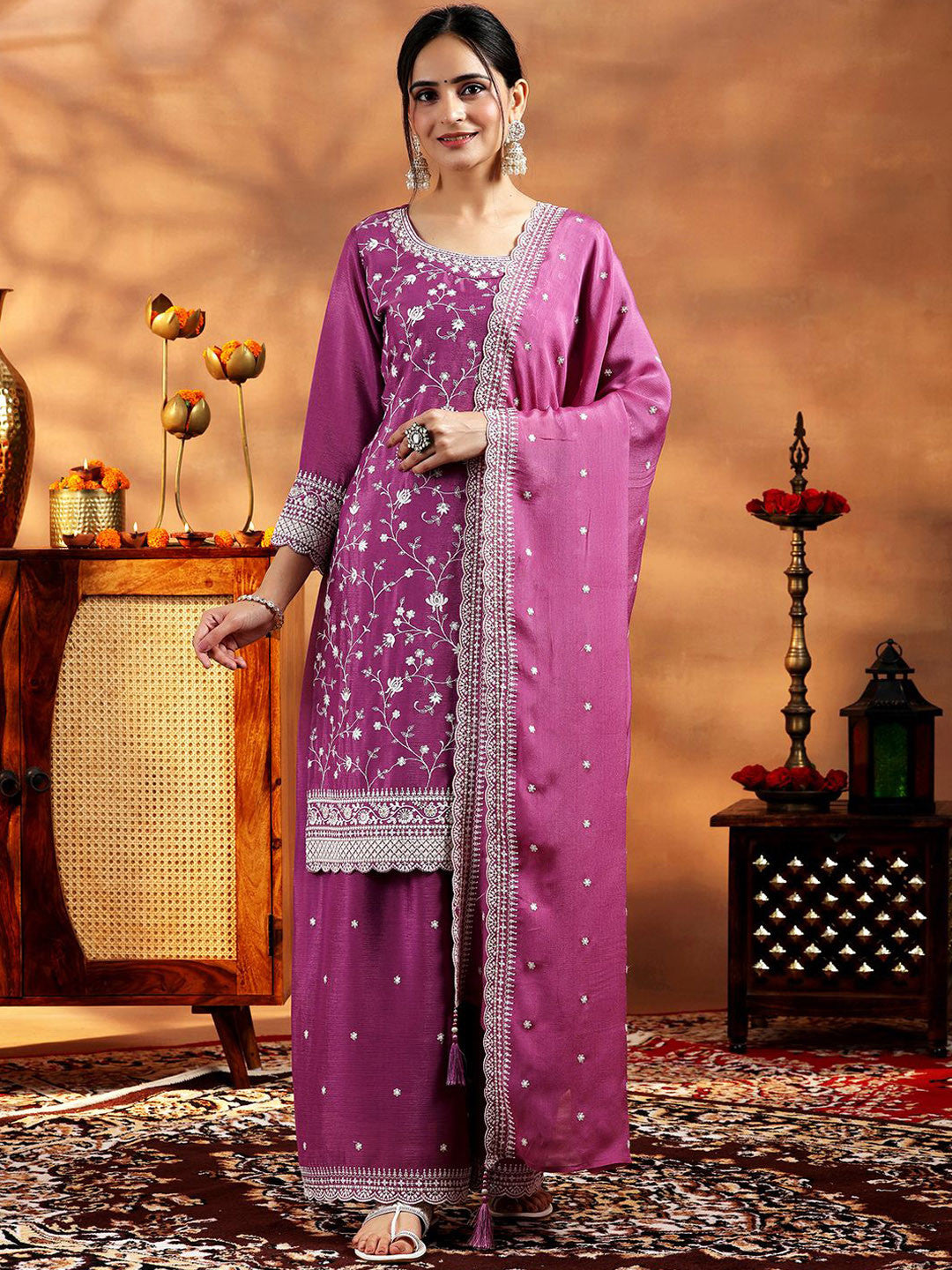 Women Solid Embroidered Regular Thread Work Kurta with Palazzos & With Dupatta