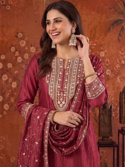 Embroidered Round Neck Kurta & Palazzos With Dupatta