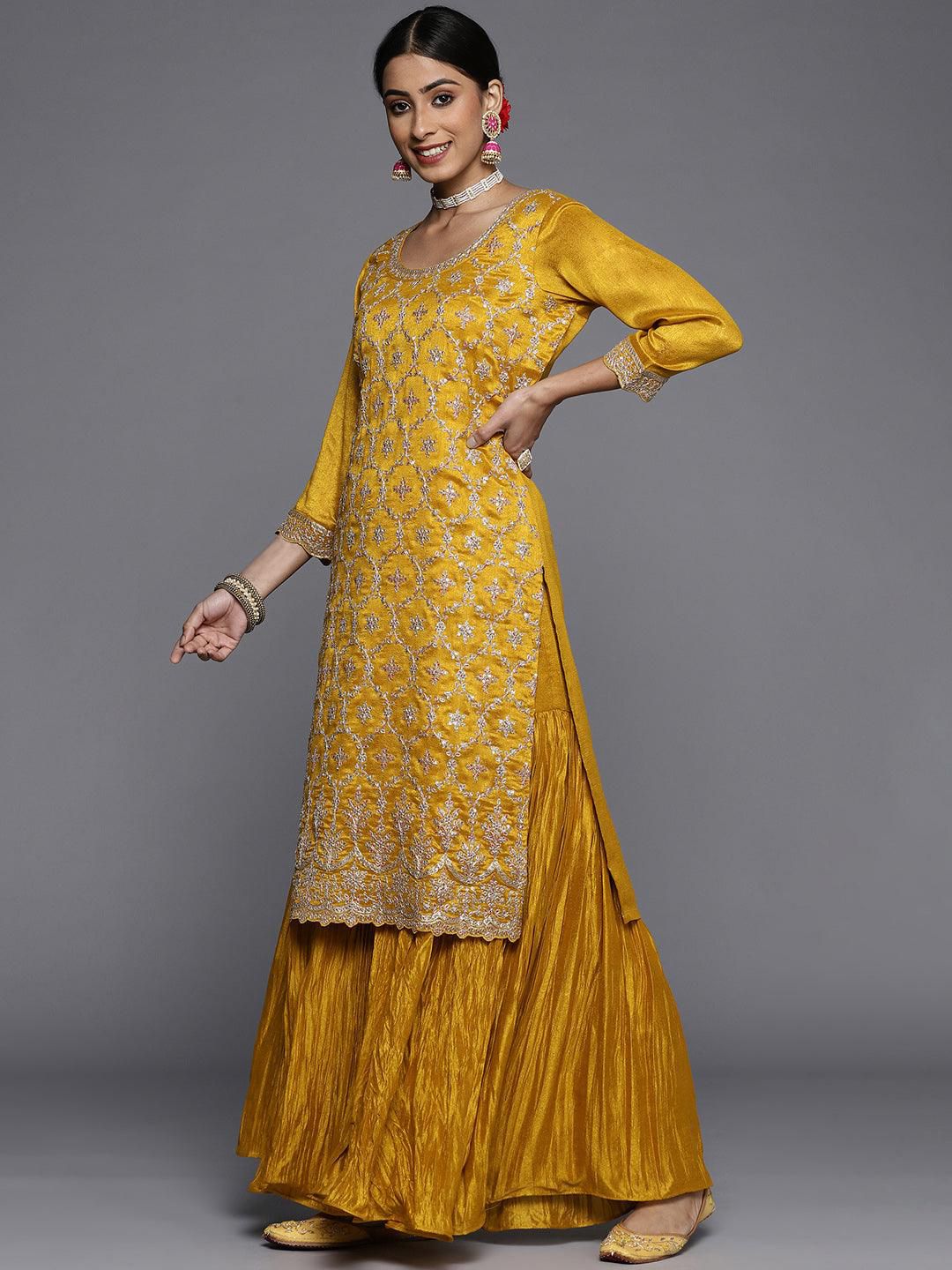 Dhiyona LL Floral Embroidered Sequinned Zari Kurta with Sharara & Dupatta