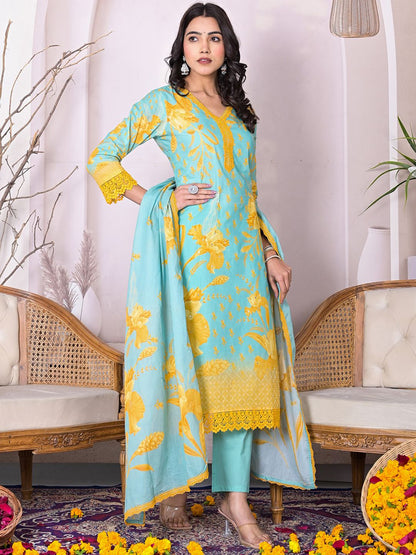 Dhiyona IS Women's Floral Printed Embellished Straight Kurta with Solid Pant and Dupatta