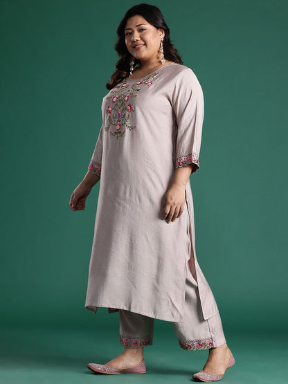 Dhiyona Women's Floral Embroidered Regular Thread Work Round Neck Kurta with Trousers & Dupatta