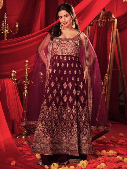 Dhiyona LL Floral Embroidered Beaded Georgette A-Line Kurta With Palazzos & Dupatta