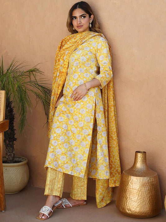 Floral Printed V-Neck Straight Kurta With Palazzos And Dupatta