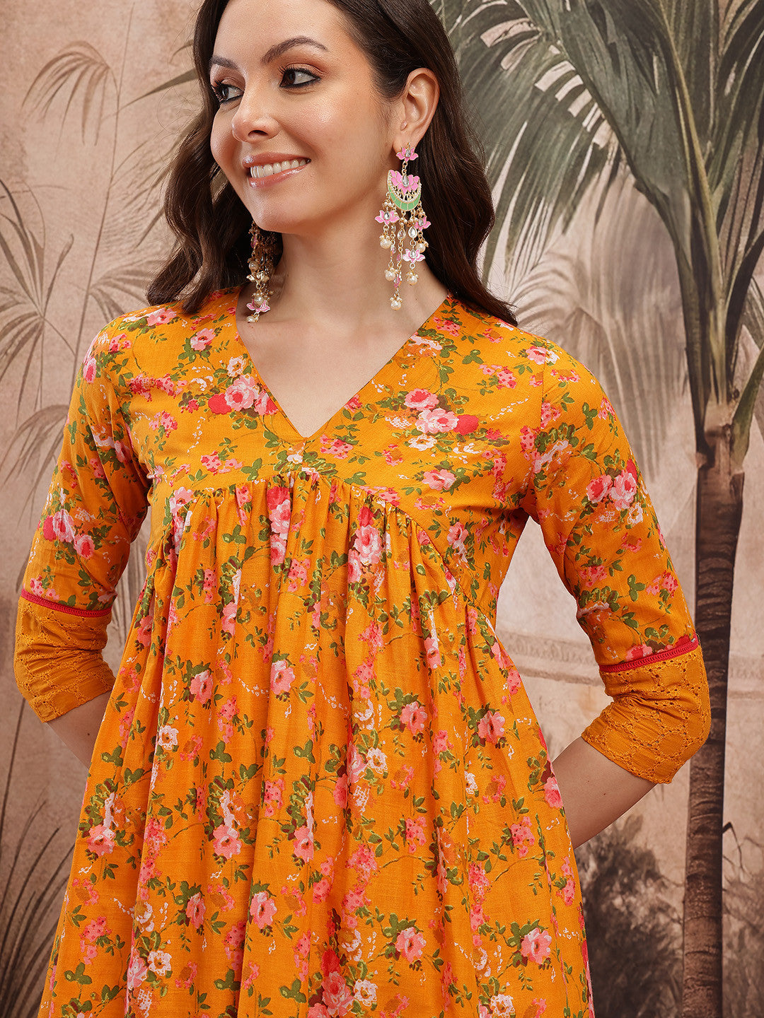 Floral Printed Empire Schiffli Cotton Kurta with Trousers