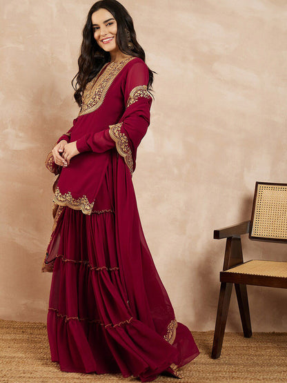 Dhiyona IN Marron & Gold Toned Yoke Design Embroidered Straight Kurta With Sharara & Dupatta