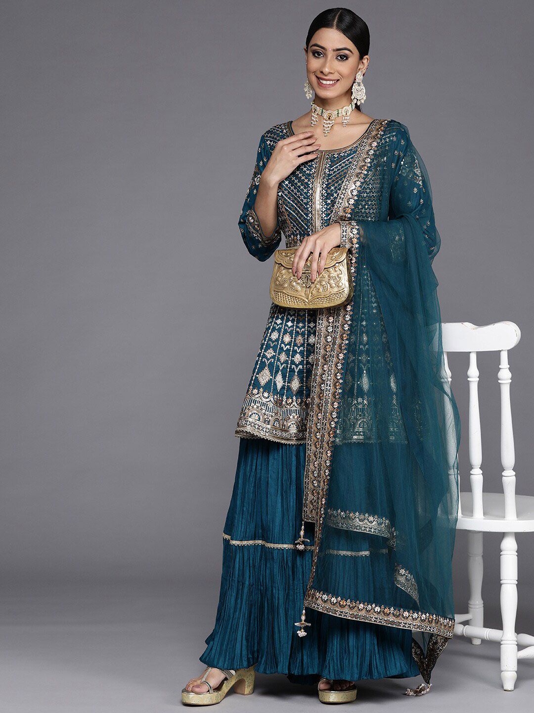 Dhiyona LL Libas Womens Blue Embroidered Silk Anarkali Kurti With Sharara & Dupatta
