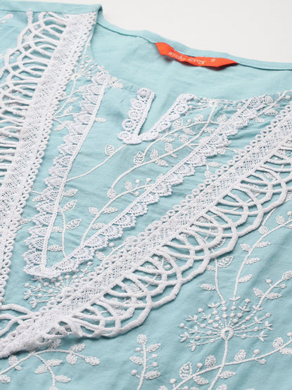 Floral Embroidered Thread Work Pure Cotton Kurta with Trousers & With Dupatta