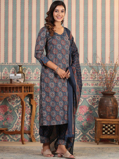 Dhiyona IS Women's ISHIN Sequinned Ajarakh Printed Cotton Straight Kurta with Printed Pants and Dupatta