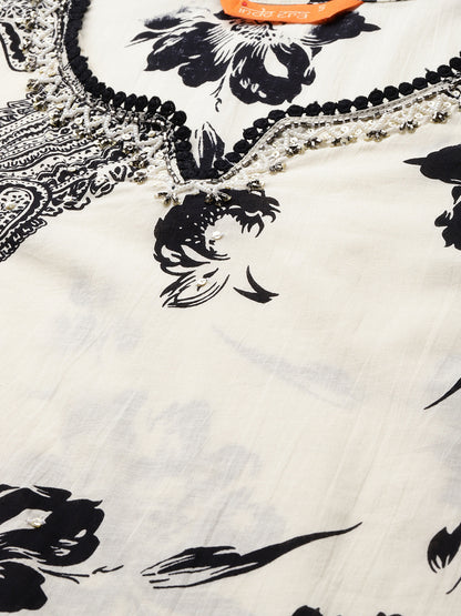 Women Floral Printed Regular Beads and Stones Pure Cotton Kurta with Trousers & With Dupatta