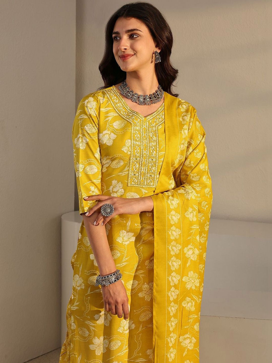 Libas Yellow Floral Printed Straight Suit Set with Dupatta