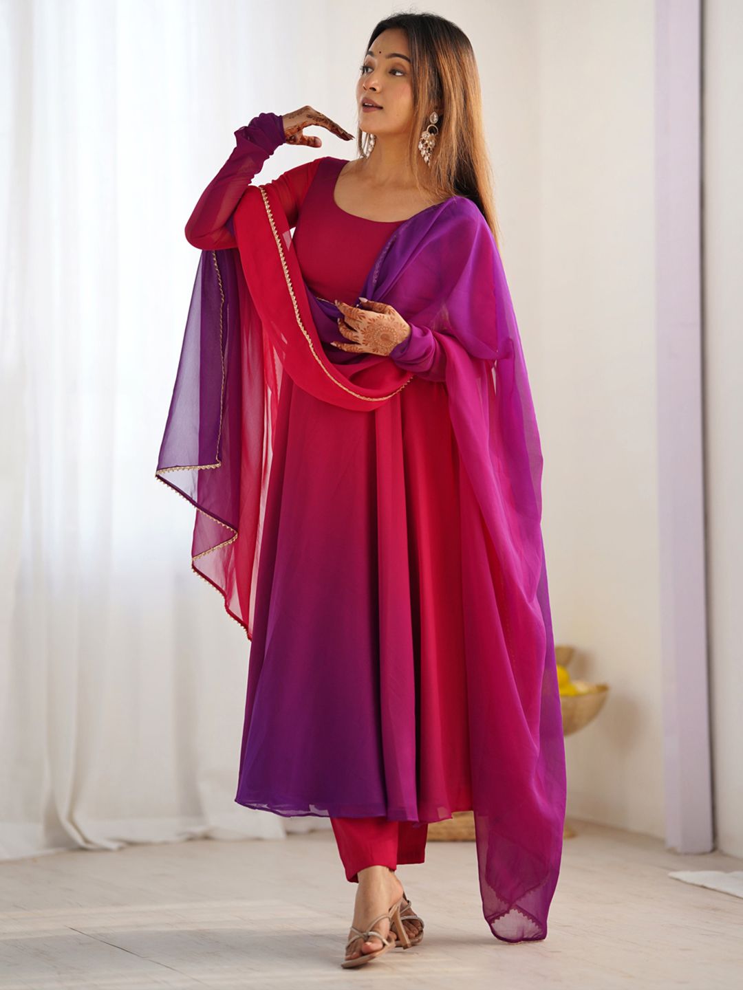 Dhiyona KL Ombre Printed Anarkali Kurta With Trousers And Dupatta