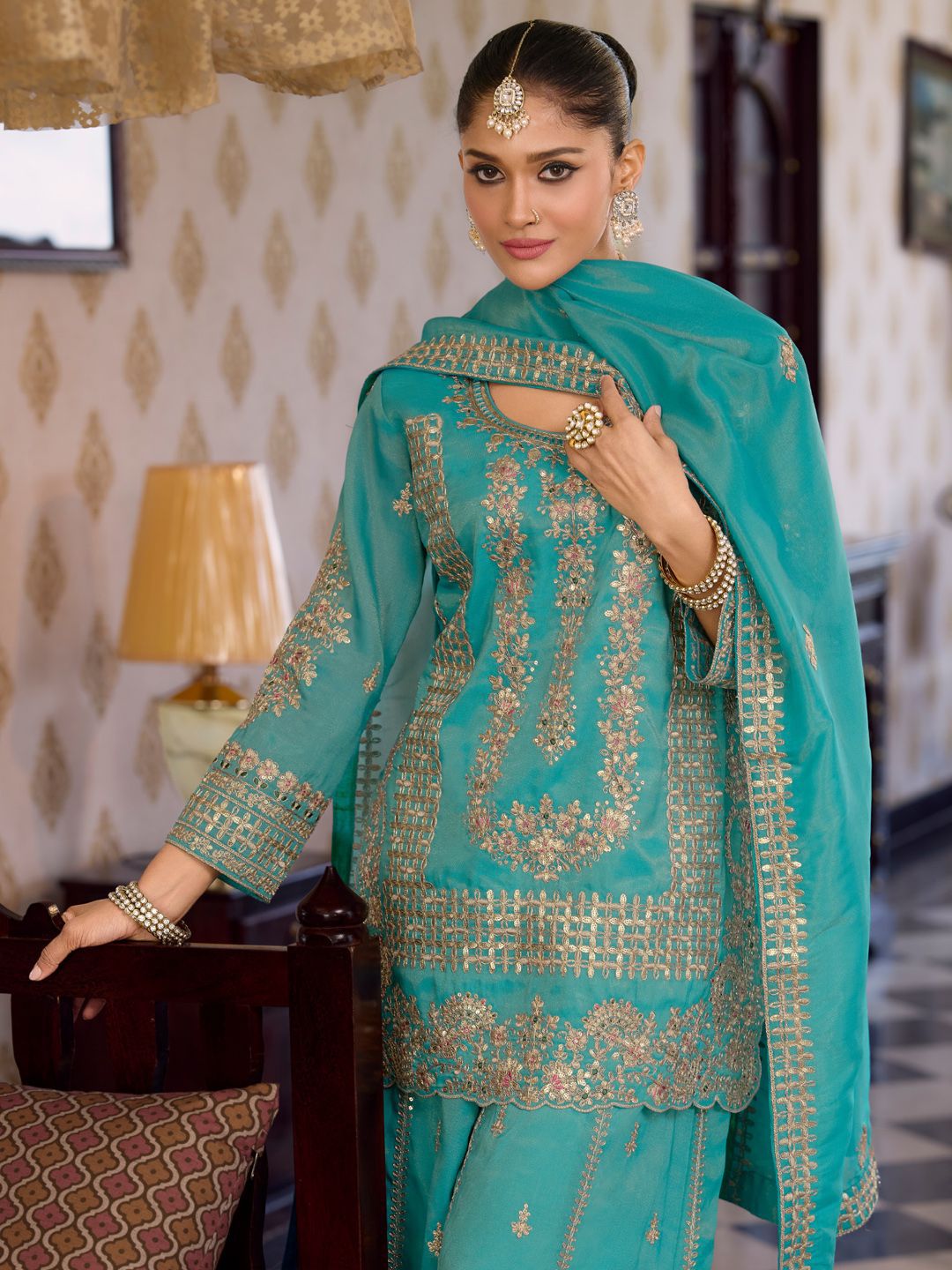 Dhiyona IE Women Ethnic Motifs Embroidered Regular Sequinned Kurta with Palazzos & With Dupatta