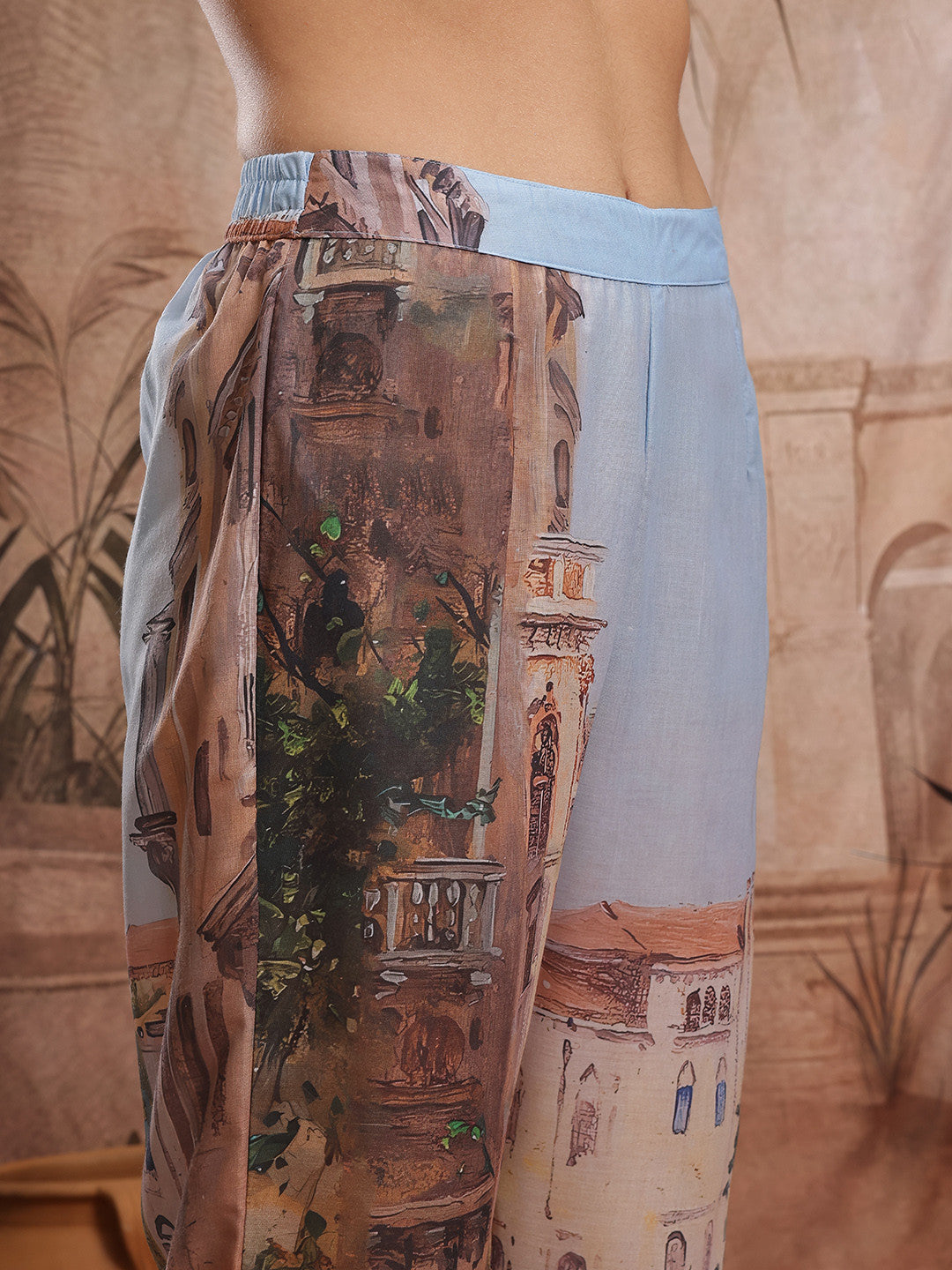 Tropical Printed Lace Insert Detail V-Neck Sleeveless A-Line Kurta with Trousers