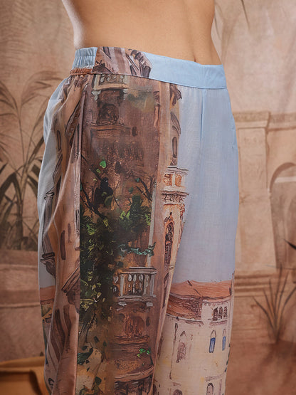 Tropical Printed Lace Insert Detail V-Neck Sleeveless A-Line Kurta with Trousers
