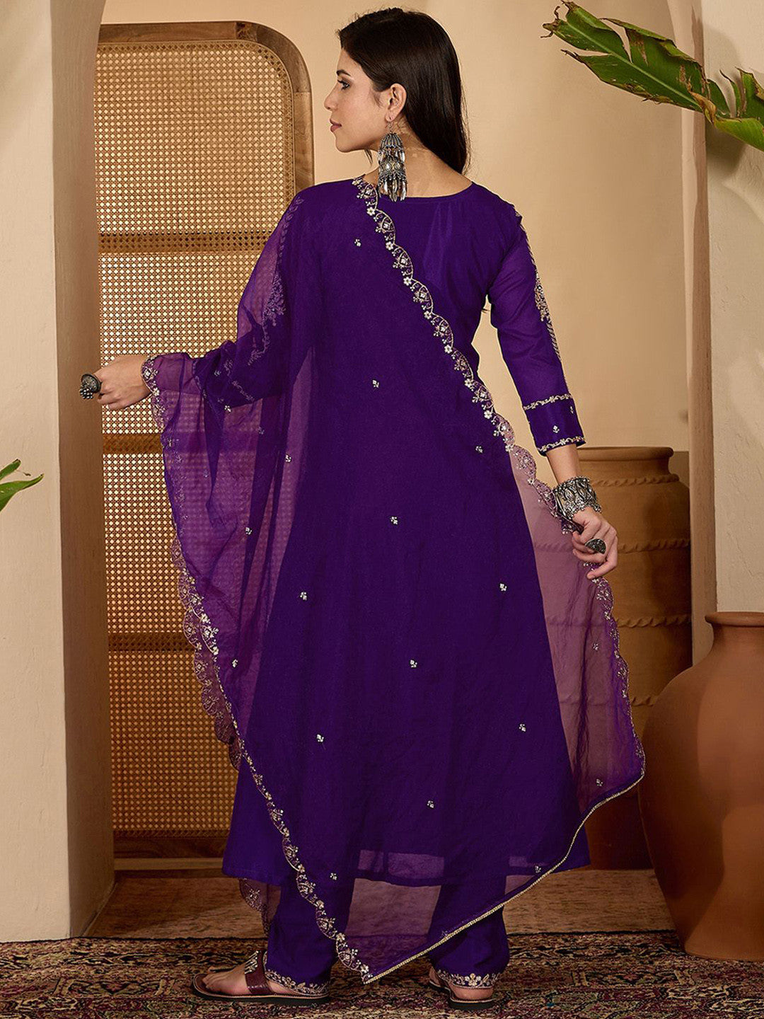 Women Zari Sequence Embroidered A-Line Kurta & Trousers With Dupatta