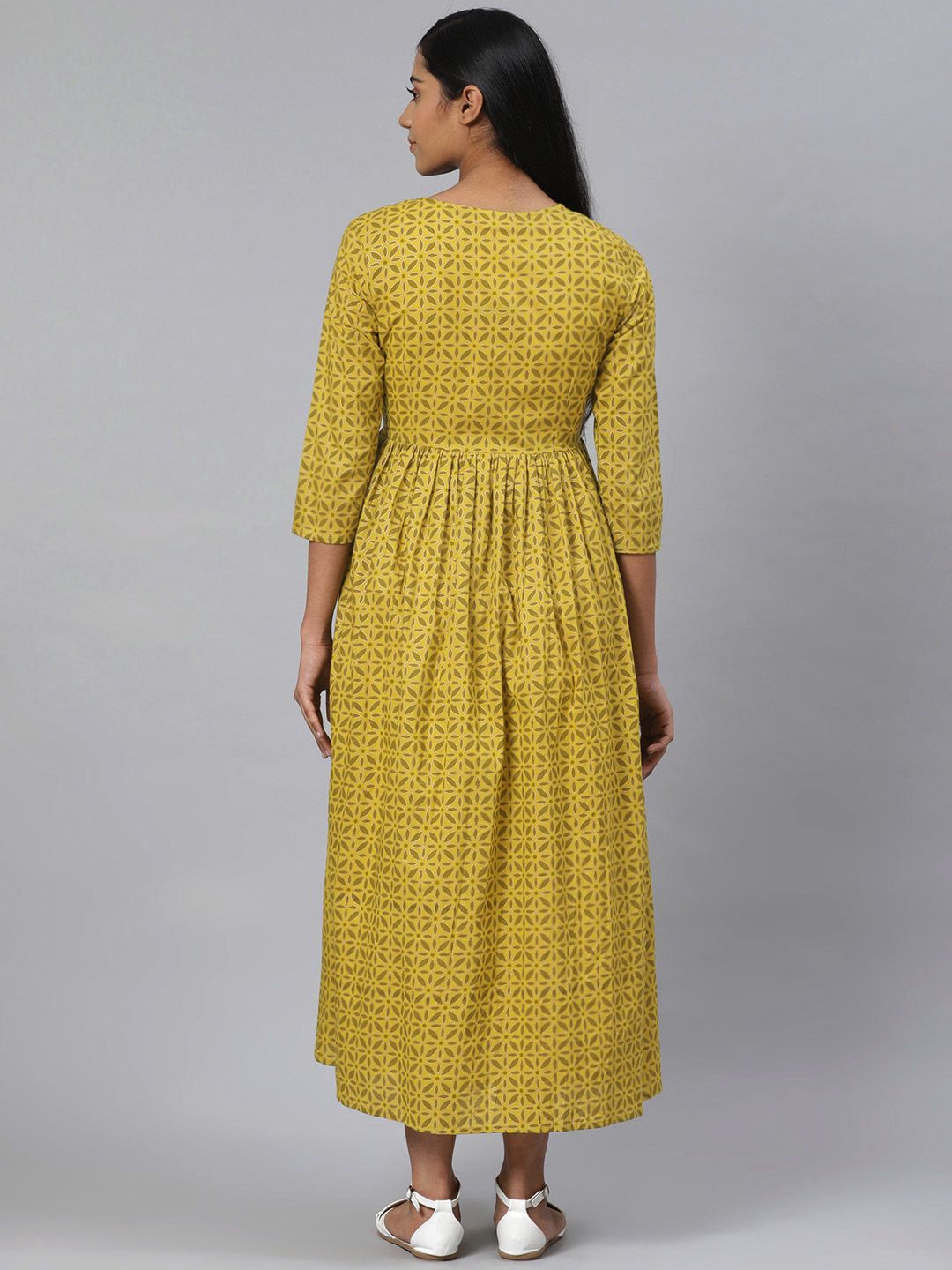 Dhiyona AY Women's Green & Off-White Printed Pure Cotton Maternity Layered A-Line Dress