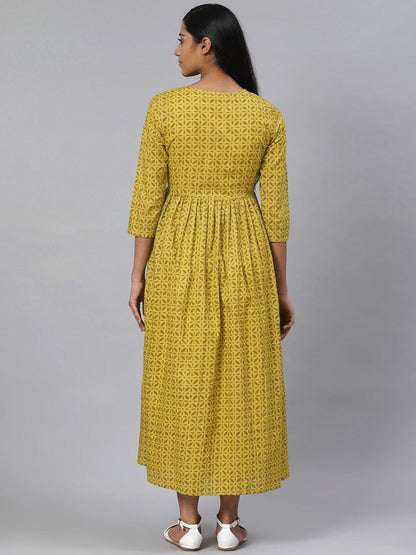 Dhiyona AY Women's Green & Off-White Printed Pure Cotton Maternity Layered A-Line Dress