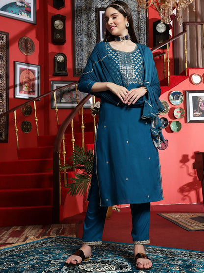 Teal Ethnic Motifs Embroidered Gotta Patti Straight Kurta & Trouser With Dupatta