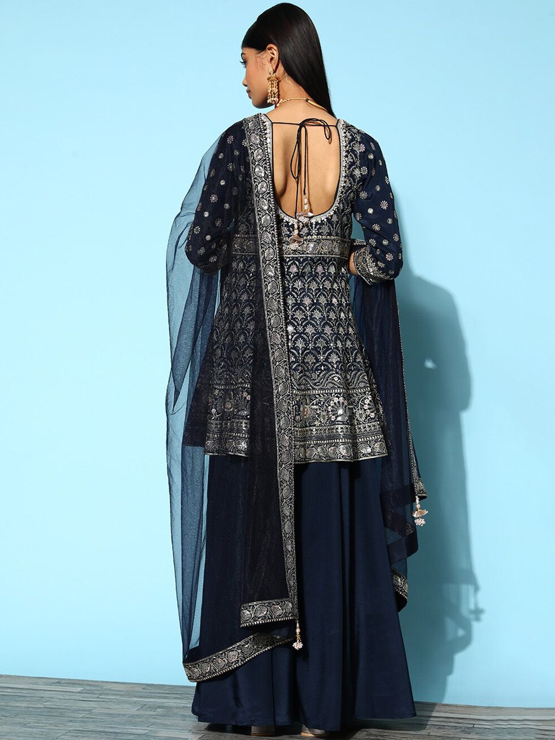 Dhiyona LL Womens Blue Embroidered Silk Anarkali Kurti With Palazzos & Dupatta