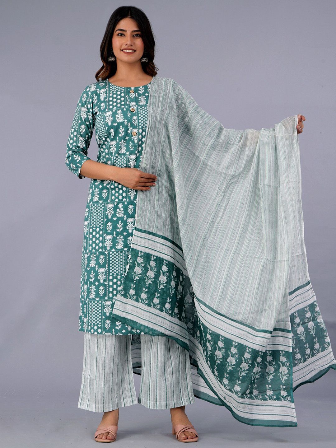 Dhiyona KL Ethnic Motifs Printed Pure Cotton Kurta With Palazzo & With Dupatta