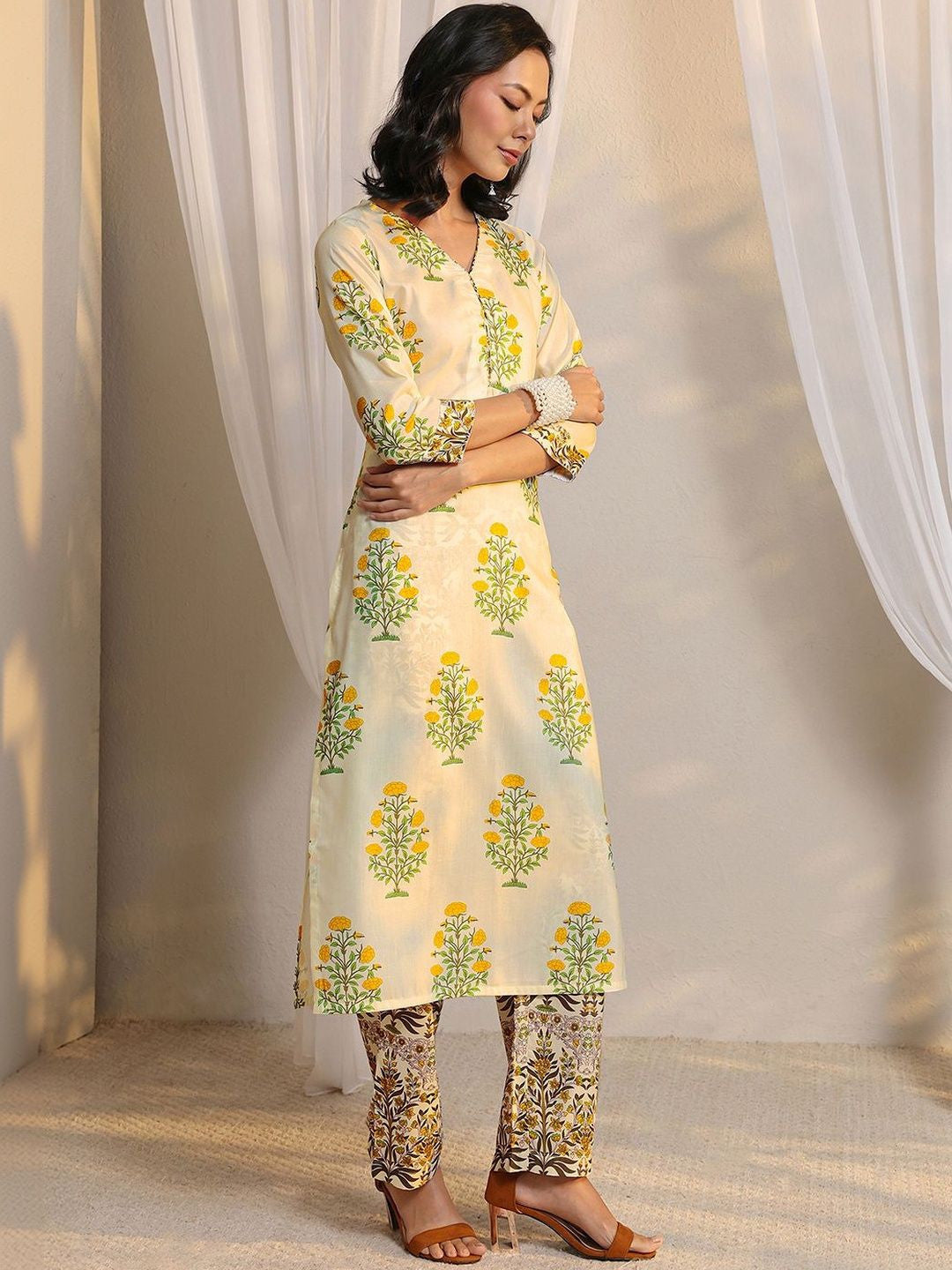 Off White Floral Printed Chanderi Silk Straight Suit Set with Dupatta
