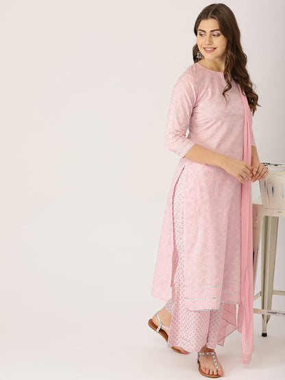 Women Pink & Silver Printed Kurta with Palazzos & Dupatta