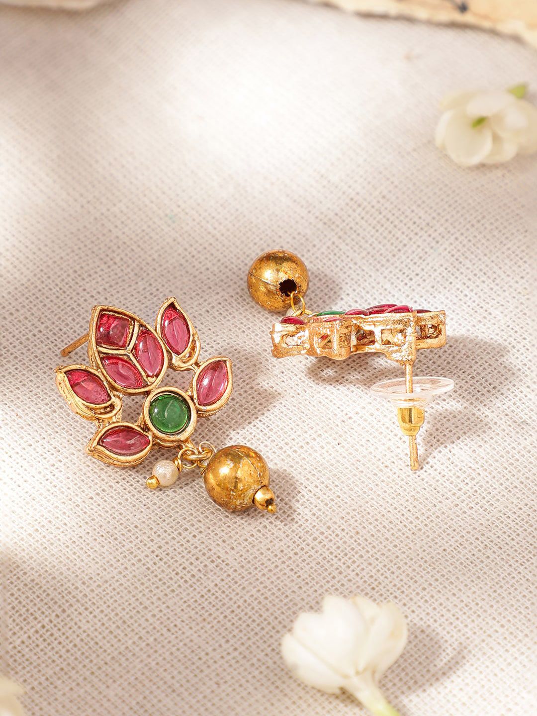 Dhiyona RJ Women's 22K Gold-Plated Lotus Motif Ruby and Emerald Studded Jewellery Set