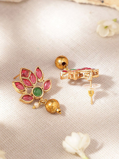 Dhiyona RJ Women's 22K Gold-Plated Lotus Motif Ruby and Emerald Studded Jewellery Set