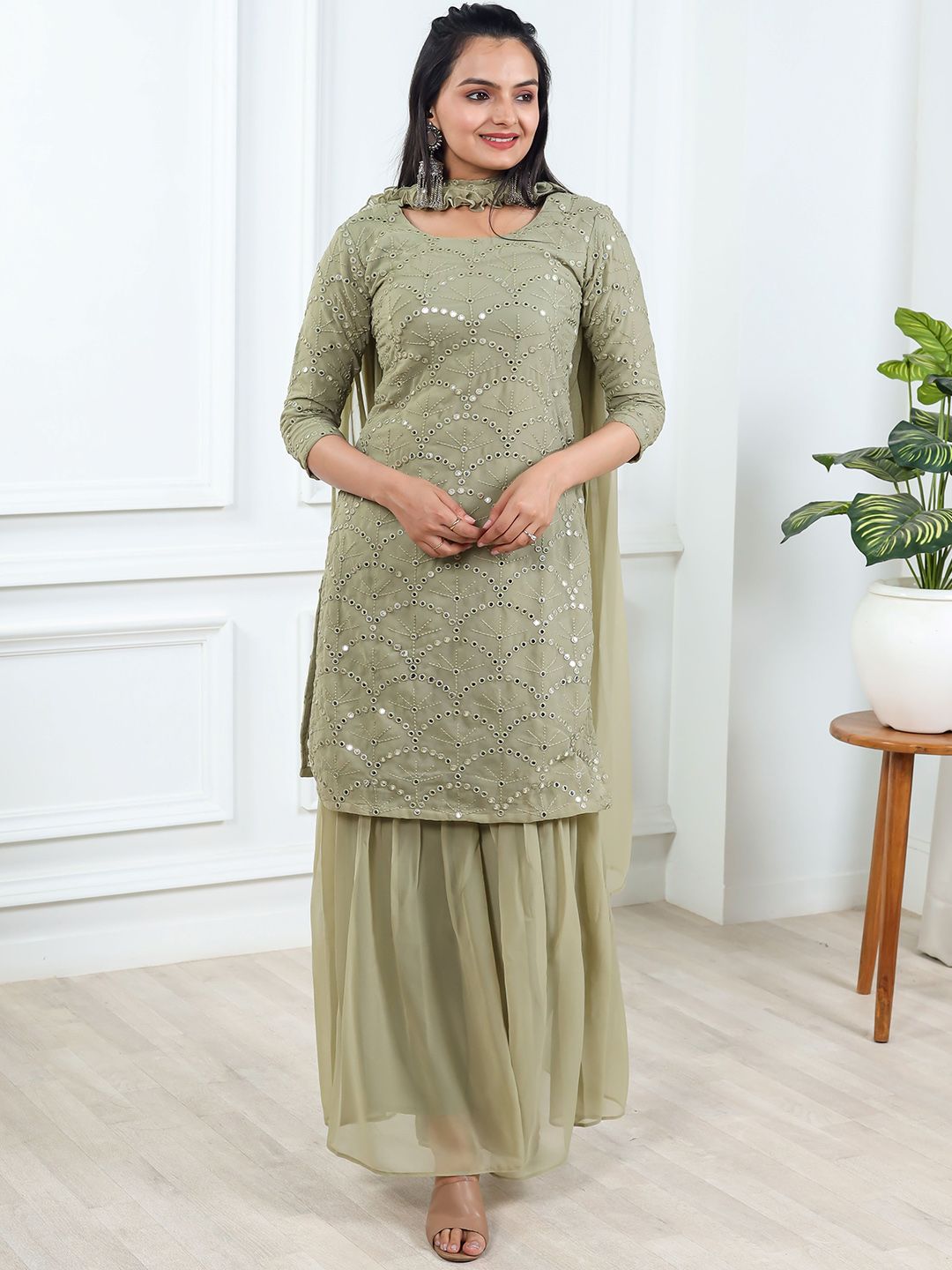 Dhiyona KL Geometric Embroidered Mirror Work Straight Kurta With Sharara & Dupatta