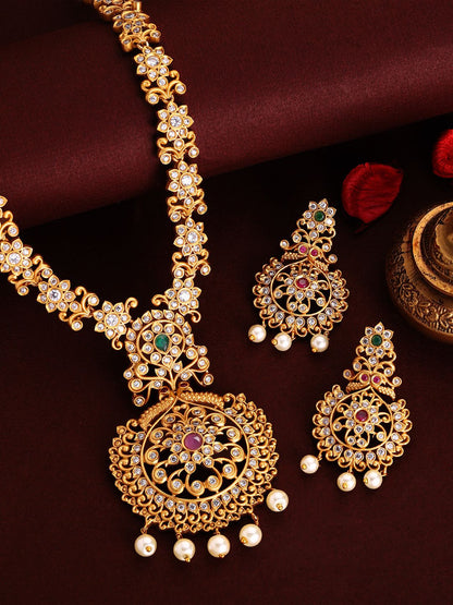 Dhiyona RJ Women's 24K Gold Plated Ruby Emerald & CZ Studded Pearl Beaded Temple Jewellery Set