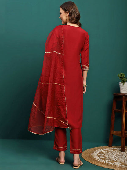 Women Embroidered V-Neck Kurta With Trouser & Dupatta