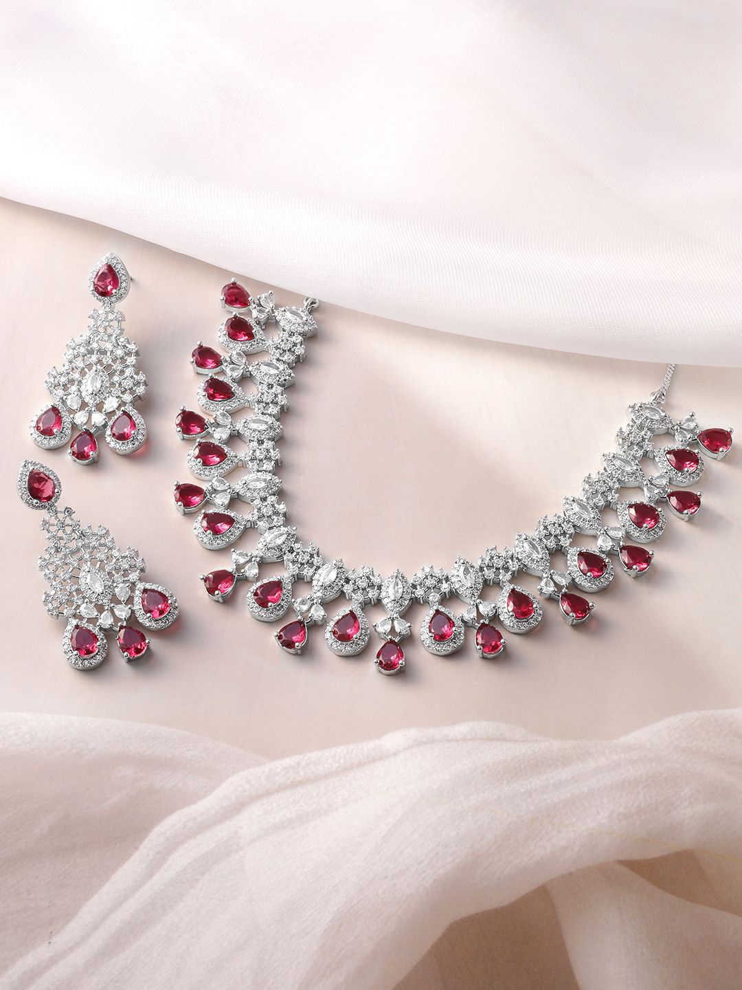 Dhiyona RJ Women's Rhodium-Plated Ruby Red and White Cubic Zirconia Studded Necklace Set