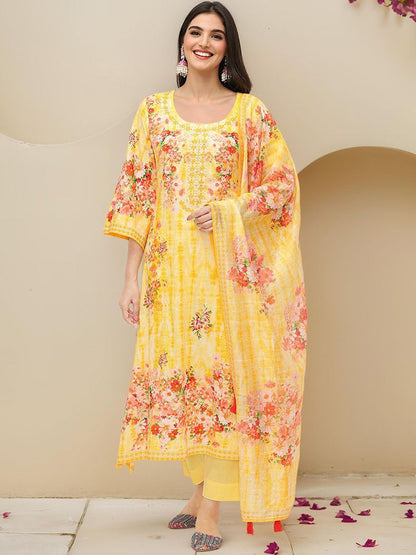 Dhiyona IS Women's Floral Printed Pure Cotton Straight Kurta With Trousers & Dupatta