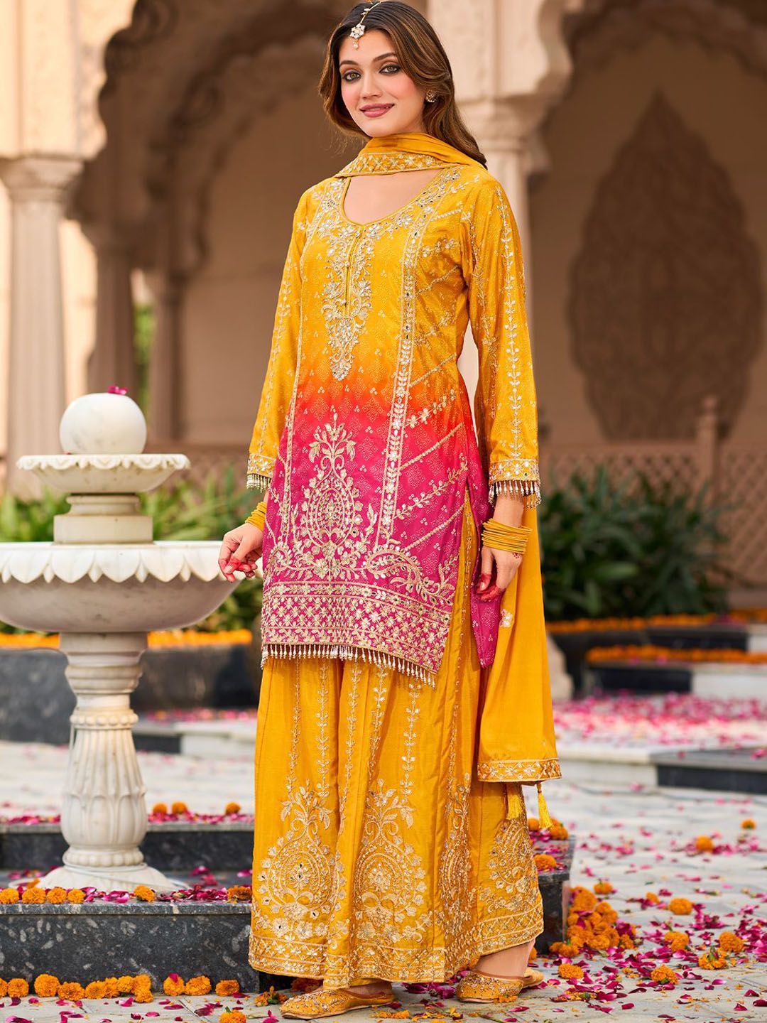 Dhiyona IE Floral Embroidered Zari Straight Kurta With Palazzos And Dupatta