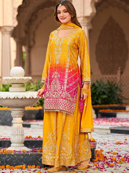 Dhiyona IE Floral Embroidered Zari Straight Kurta With Palazzos And Dupatta
