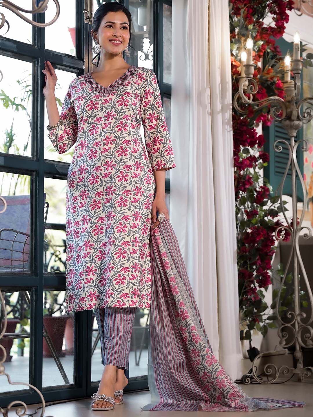 Dhiyona KL Floral Printed Regular Thread Work Pure Cotton Kurta ,Trousers & Dupatta