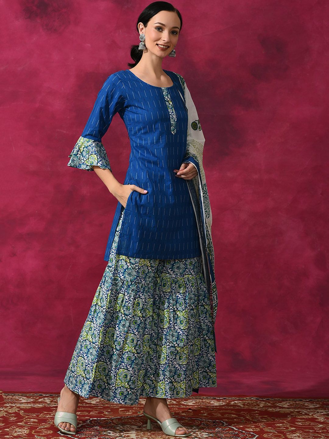 Dhiyona AN Blue Ethnic Motifs Printed Regular Pure Cotton Kurti with Sharara & Dupatta