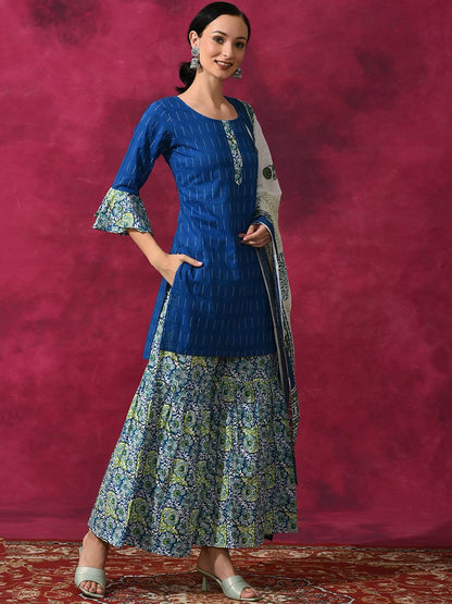 Dhiyona AN Blue Ethnic Motifs Printed Regular Pure Cotton Kurti with Sharara & Dupatta