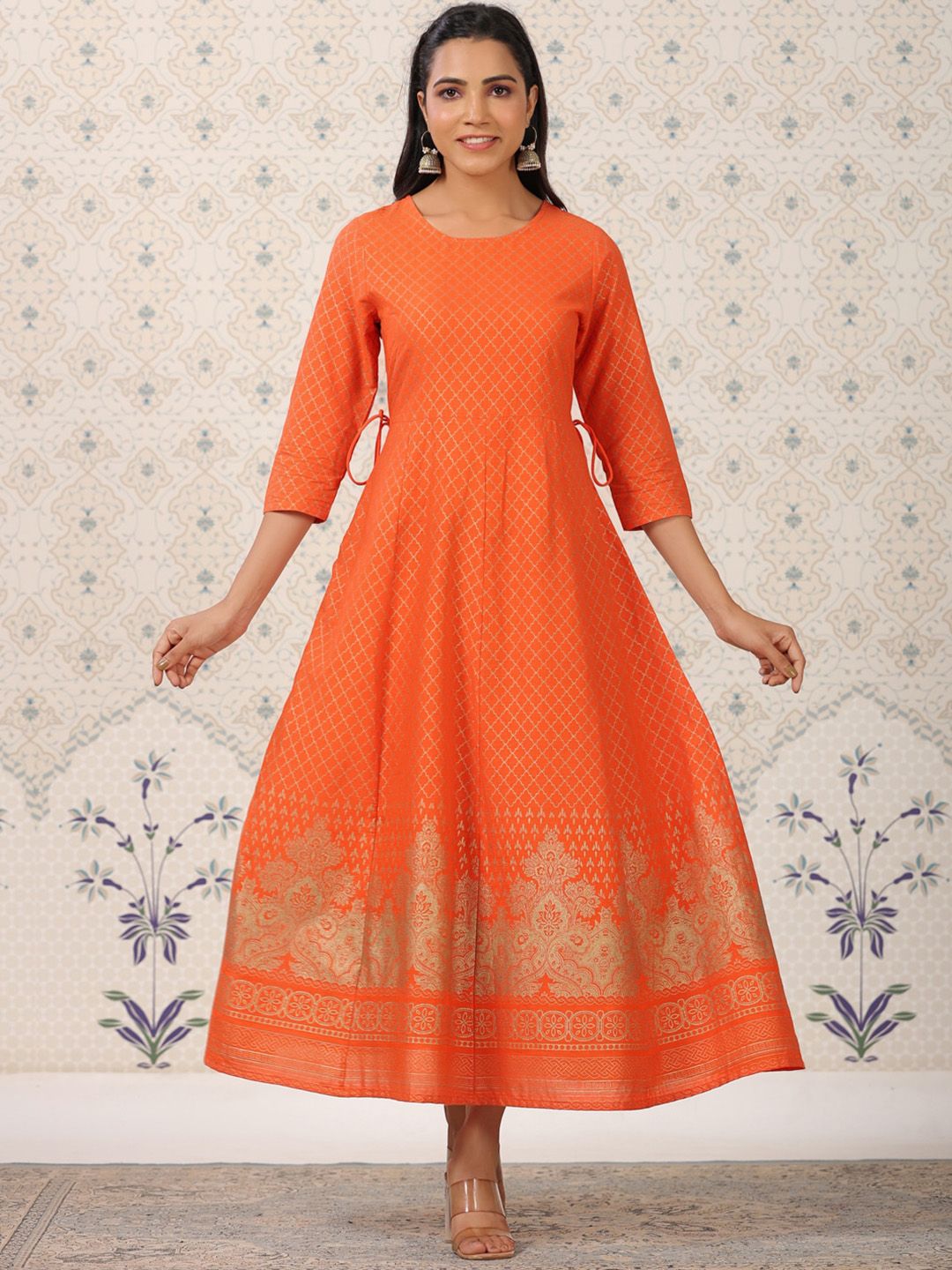 Dhiyona OD  Orange Coloured Ethnic Motifs Woven Design Anarkali Kurta