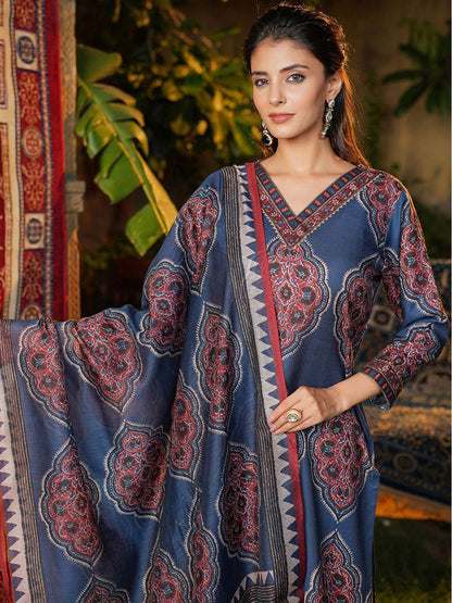 Dhiyona KL Floral Printed V-Neck Straight Kurta With Trousers & Dupatta