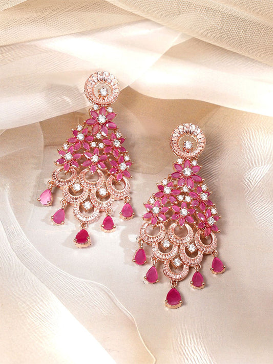 Dhiyona RJ Women's 18K Rose Gold-Plated Cubic Zirconia Studded Floral Shaped Drop Earrings