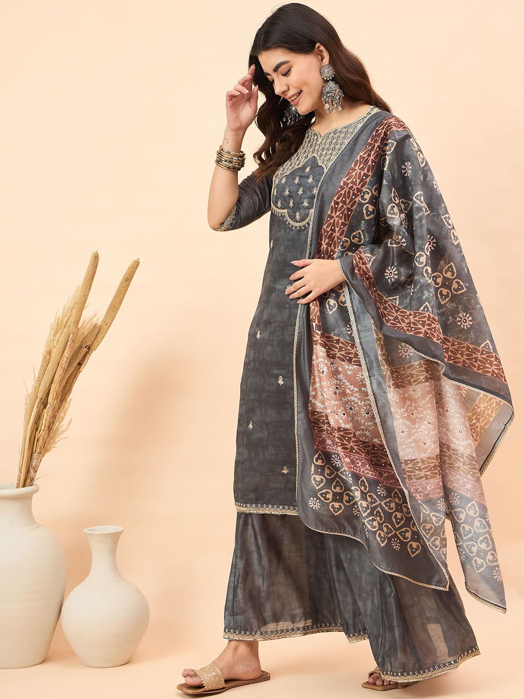 Dhiyona AN Ethnic Motifs Embroidered Chanderi Silk Kurta With Sharara & Dupatta